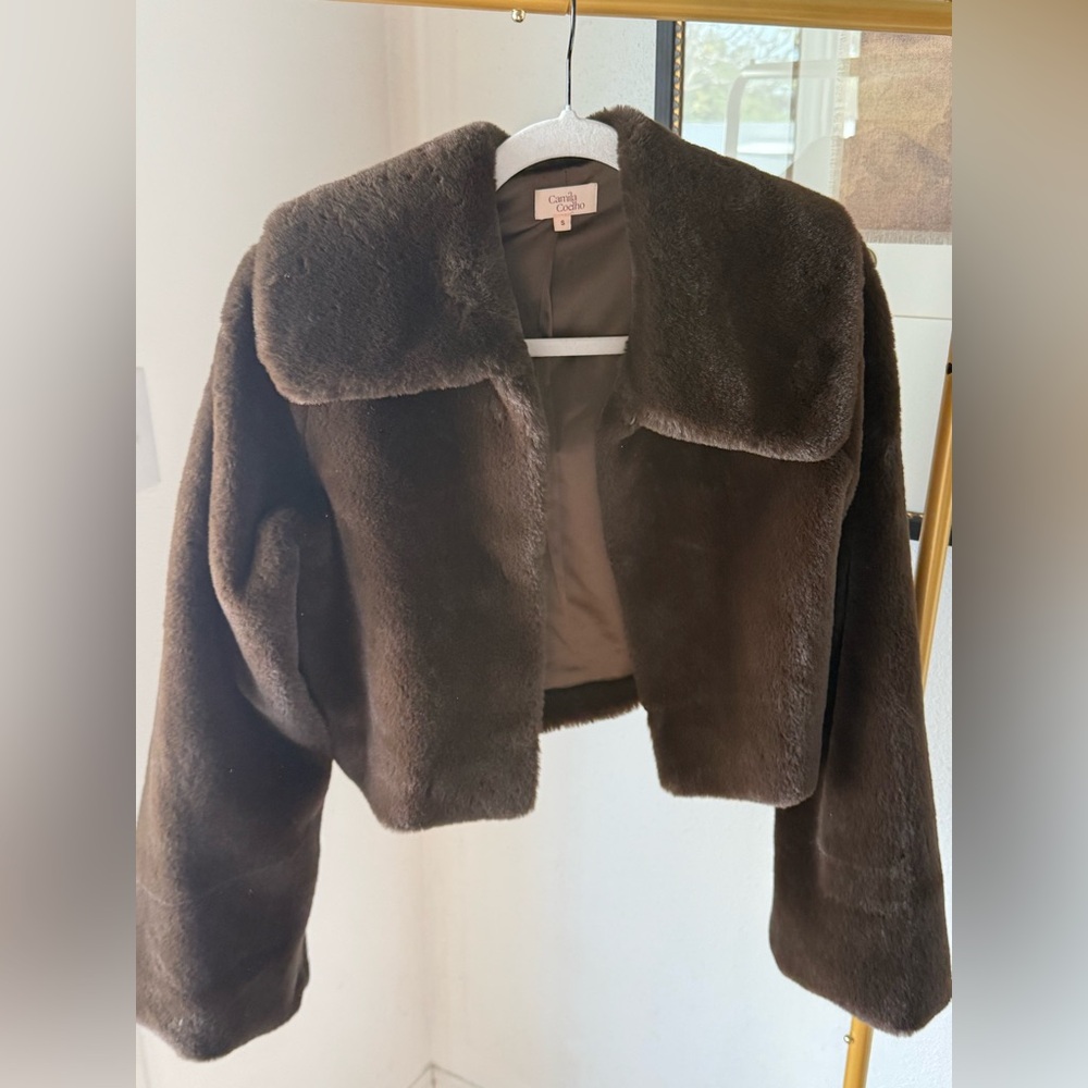 Camila Coelho Dark Brown Faux Fur Cropped Teddy Jacket